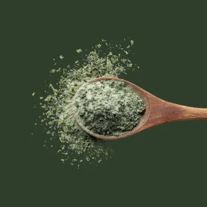 Wooden spoon filled with green powder against a dark green background
