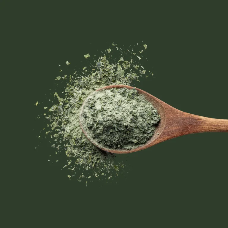 Wooden spoon filled with green powder against a dark green background